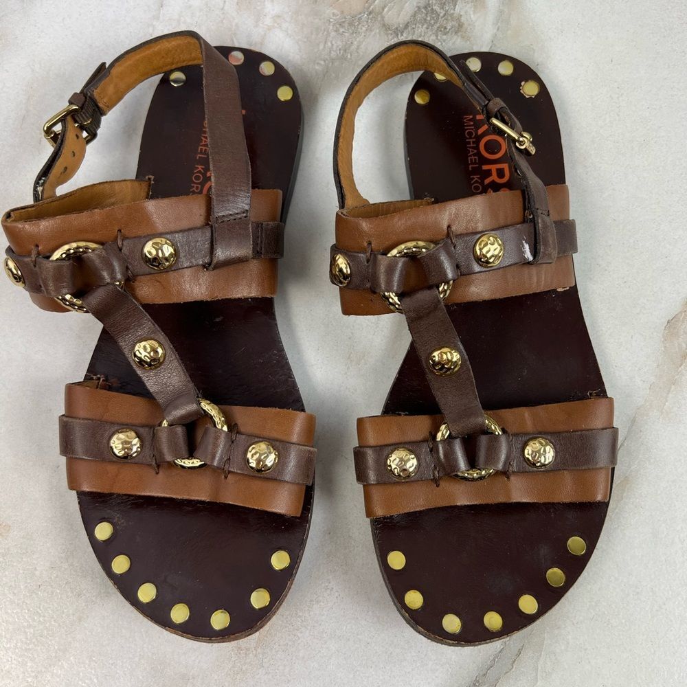 KORS Michael Kors Brown Cognac Leather Studded Gladiator Sandals, 7.5